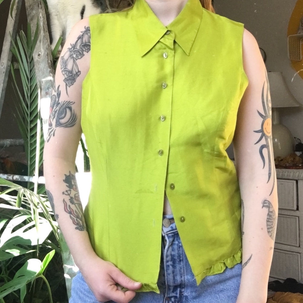 Vintage Lime Green Silk sleeveless Blouse 90s